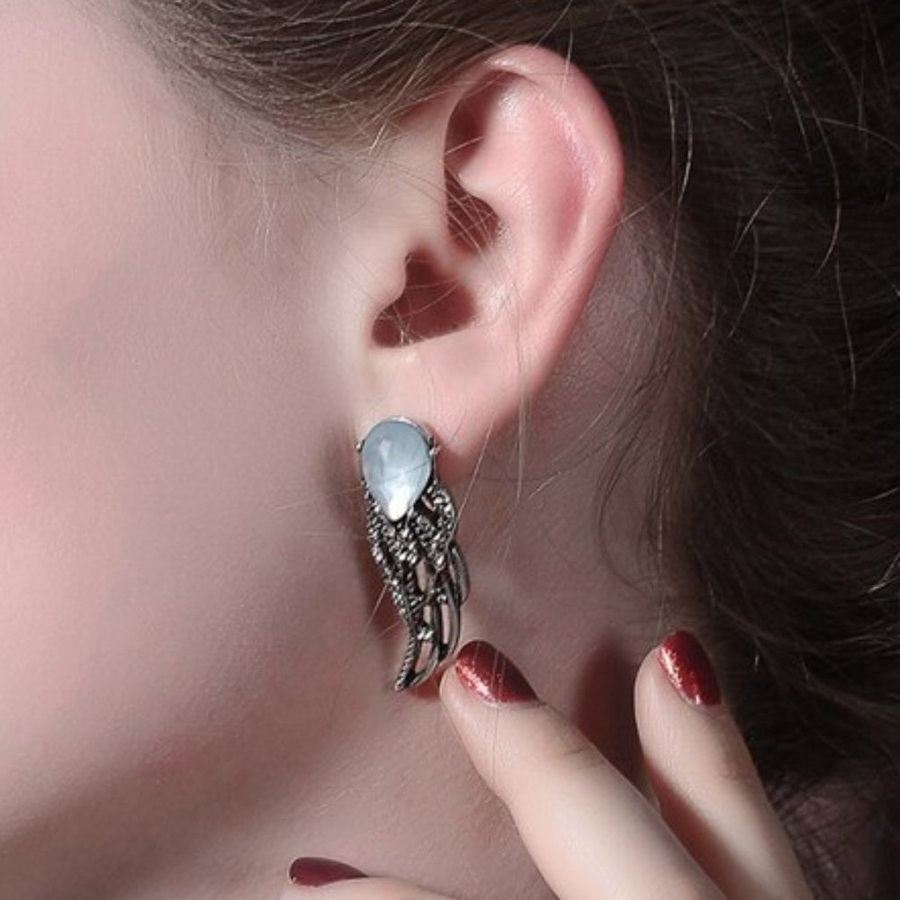 Aqua Gun Metal Silver Angel Wings  Earrings - Picture 2 of 3